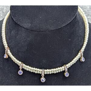 Napier Necklace, Double Strand Faux Pearls, Clear and Purple Crystals, Choker
